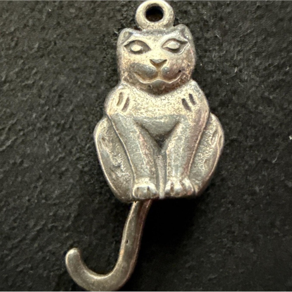 Vintage 925 Sterling Silver 3D Cat Charm Moveable Tail Bracelet Charm Signed